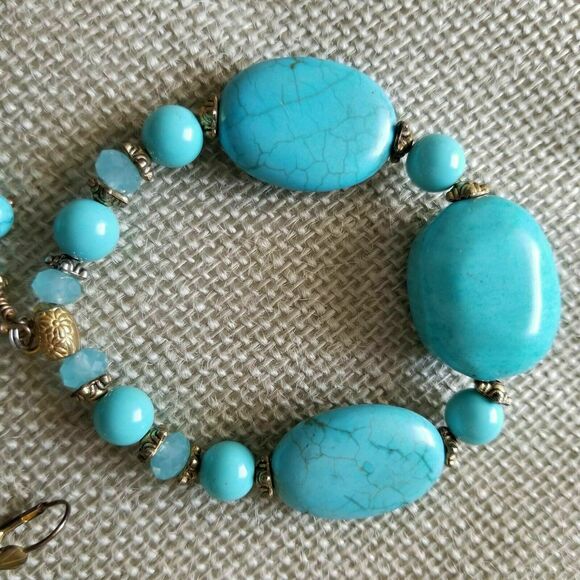 Howlite Bracelet & Dangle Earrings Set Blue Vintage Bead Stone Jewelry 3 Pc Lot - Picture 5 of 9